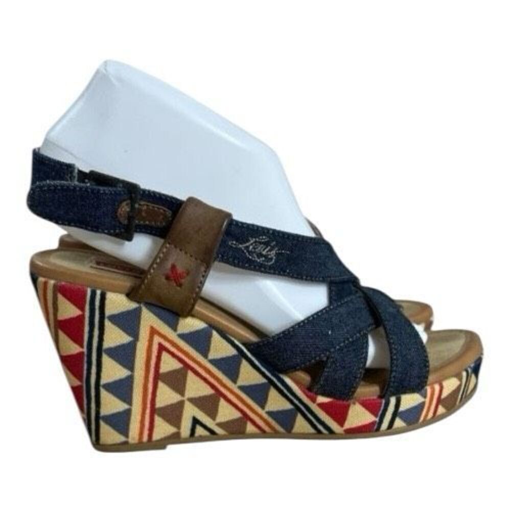 Levi’s Heels Women Size 8 Slingback Platform Blue Canvas Wedge Bohemian Open Toe